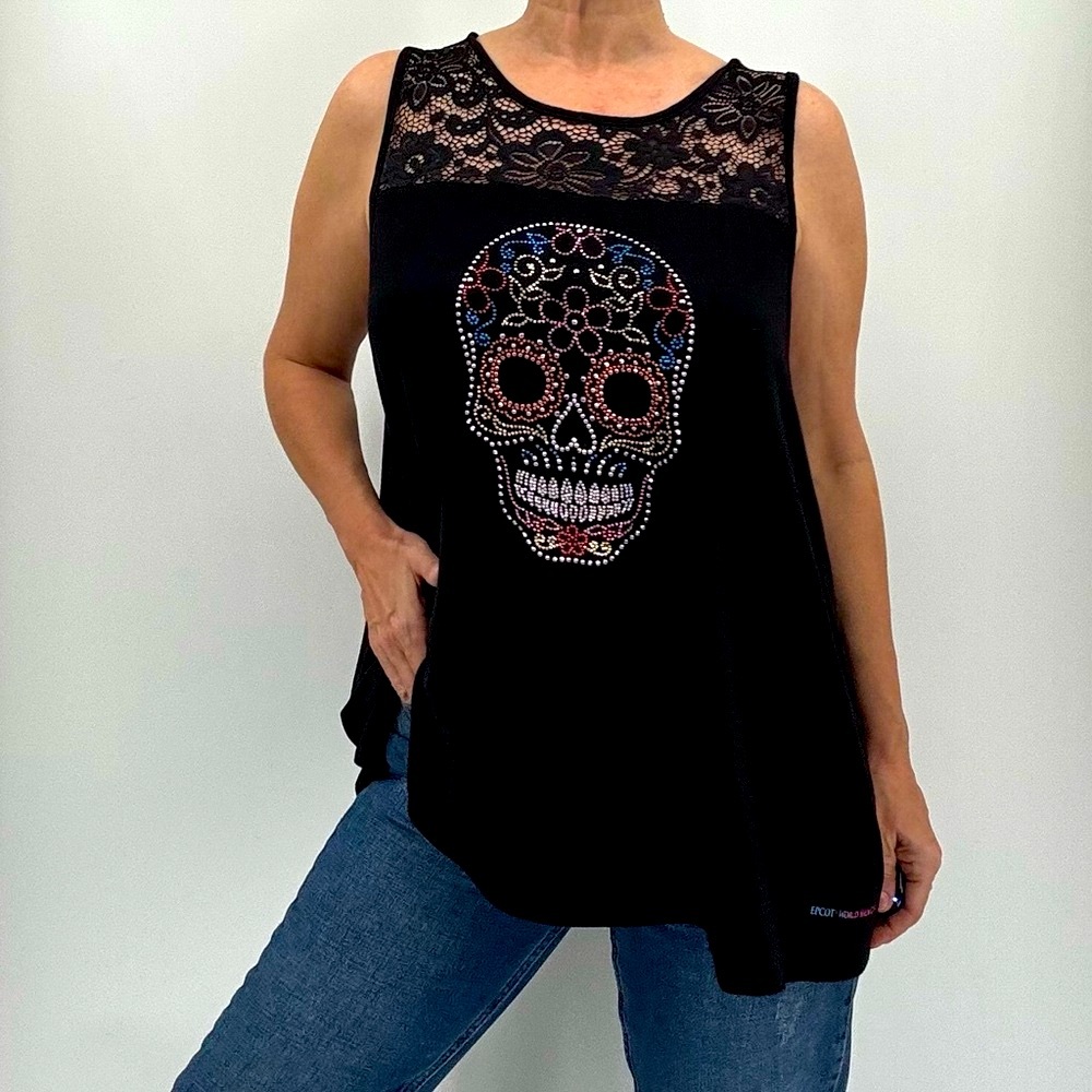 Disney Epcot World Showcase Mexican Pavilion Embellished Calavera Skull Tank Top - Picture 2 of 12